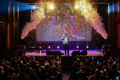 Confetti falling over the stage and galleries of the Clapham Grand at the finale of Frank by Danila Kozlovsky