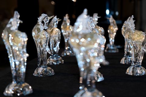 Rows of hand-blown glass Golden Unicorn statuettes ready for the 2016 ceremony