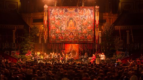 The Royal Albert Hall filled for BG60, a giant Buddhist thangka hanging above the stage