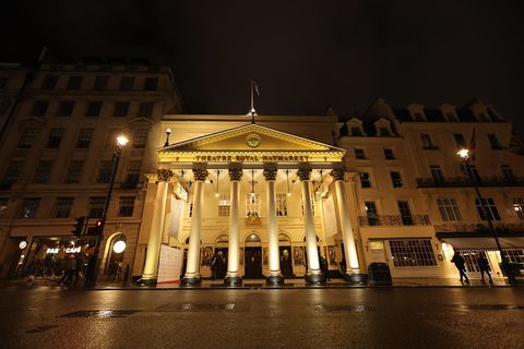 The Theatre Royal Haymarket floodlit at night for the Golden Unicorn Awards 2021